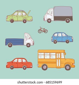 Vector coloured set of sketch illustration vintage trucks and cars. Yellow school bus, commercial vehicles and private automobiles. Painted freehand doodle isolated drawing.