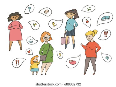 Vector coloured sketch illustration set of pregnant women. Expectation of the child and emotion. Feelings and questions about pregnancy. Doodle drawing of the prenatal period for future mom