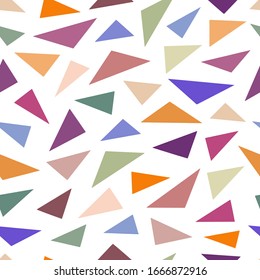 Vector colourful abstract triangle shape seamless pattern. Perfect for wrapping paper, textile, modern wallpaper, backgrounds, invitations, packaging design projects. Surface pattern design.