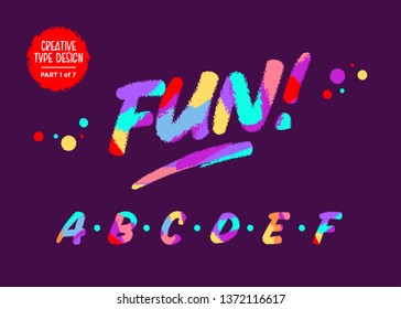 Vector Colourful Alphabet. Kids Font in Cartoon Style. Funny Textured Typeface. Cute Children Handwritten Font with Wax Crayon Effect for Birthday Card, Game Design, Toy Shop, Party Invitation.