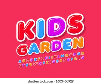 Vector Colourful Banner Kids Garden. Bright funny Font. Modern Alphabet Letters and Numbers for Children