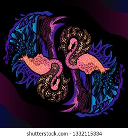 Vector colourful beautiful pattern with flamingo on black background