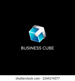Vector colourful blue gradient and metal 3d glass cube logo template. Ice cube with silver arrow brand icon design, abstract company symbol