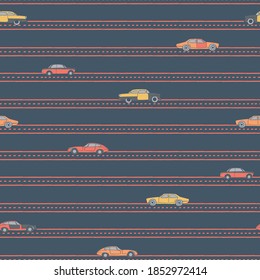 Vector colourful cars dark blue seamless pattern