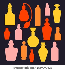 Vector colourful cartoon set of perfume bottles silhouette on the dark background. Yellow pink orange colors. All elements are isolated. For flat design, poster, web banner, cover. Cosmetology beauty.