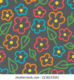 Vector colourful drawn flowers seamless pattern background. Ideal for children. Perfect for fabric, wallpaper, wrapping, scrapbooking and stationery. Surface pattern design.