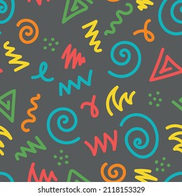 Vector colourful drawn shapes seamless pattern background. Ideal for children. Perfect for fabric, wallpaper, wrapping, scrapbooking and stationery. Surface pattern design.