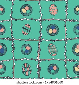 Vector colourful eggs, willow branches seamless pattern green background. Surface pattern design. Great for packaging, fabric, easter design projects.
