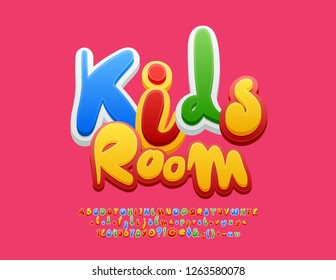 Vector colourful Emblem Kids Room. Bright Playful Font. Funny handwritten Alphabet Letters, Numbers and Symbols for Children.