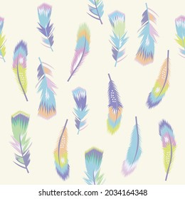 Vector of colourful exotic bird feathers repeated on beige background. graphic decor print, beauty in nature concept digitally generated image.