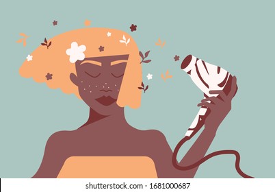 Ilustración plana de color vectorial con una chica afro con secador de pelo en la mano. Estilo de caricatura.Flores. Estilo de pelo. Rituales de belleza, rutina matutina. Concepto de autocuidado. Diseño plano, para carteles y pancartas.
