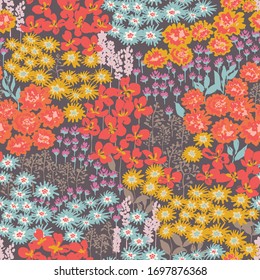 Vector colourful floral seamless illustration, botanical various flowers meadow pattern