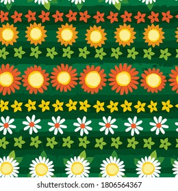 Vector colourful green horizontal rows 02 sunflowers pen sketch repeat pattern. Suitable for textile, gift wrap and wallpaper.