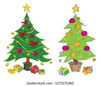 Vector colourful hand drawn christmas trees illustration. Suitable for greeting cards. Cartoon illustration.
