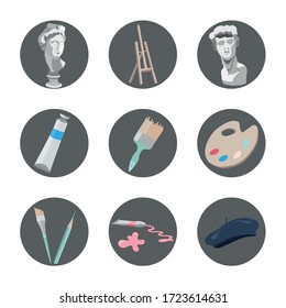 Vector colourful icons with artist's tools. Round shape, dark grey background