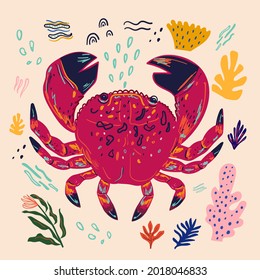 Vector colourful illustration with cute funny crab. Underwater marine life.