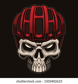 Vector colourful illustration of a skull in cyclist helmet on the dark background.