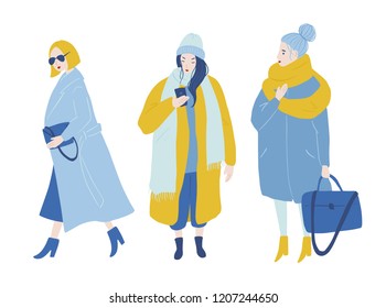 Vector colourful illustration of two stylish women dressed in cozy oversized coats