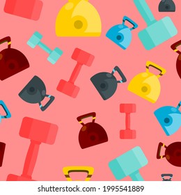 Image vectorielle timbres-poste colorés et haltères motif harmonieux sur fond rose, équipements de gym.