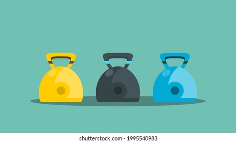 Vector colourful kettlebells on green background, gym equipments.