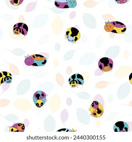 Vector colourful lil’ ladybugs with equally as colourful personalities on transparent leafy background