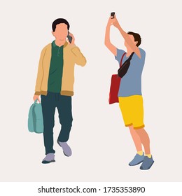 Un hombre de color vector con teléfono toma una foto y habla