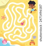 Vector colourful maze, labyrinth for children with summer scene at the beach, yellow sand with waves and cute characters. Puzzle game.
