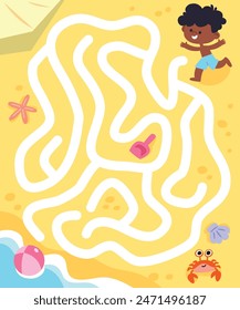 Vector colourful maze, labyrinth for children with summer scene at the beach, yellow sand with waves and cute characters. Puzzle game.