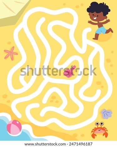 Vector colourful maze, labyrinth for children with summer scene at the beach, yellow sand with waves and cute characters. Puzzle game.