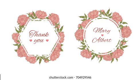Vector colourful outline background sketch peony with open and closed bud, leaves and twigs. Set herbal graphics. Frame different forms with place for text about sale or holiday congratulations