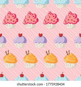 Vector colourful Pastel Cupcakes Hand drawn seamless pattern