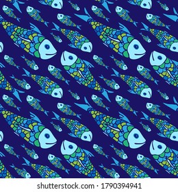 Vector colourful pattern with cute and funny fish illustrations. Decorative texture for your background, wrap paper, card and textile design