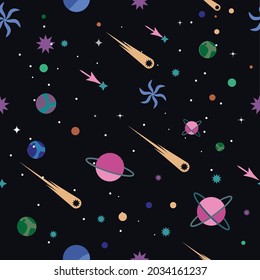 Vector of colourful planets, stars and comets in space, with pink arrows on black background. graphic decor print design, outer space and cosmos concept digitally generated image.