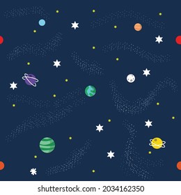 Vector of colourful planets and stars in space, on black background. graphic decor print design, outer space and cosmos concept digitally generated image.