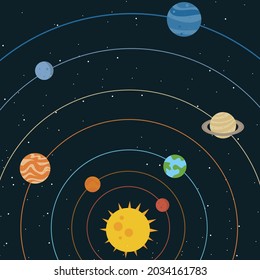 Vector of colourful planets and their orbits, with stars in space, on black background. graphic decor print design, outer space and cosmos concept digitally generated image. with