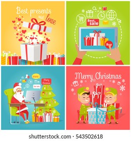 Vector colourful poster of christmas pictures with best presents, gift box, online shopping, Web banner of Santa Claus reading online letters and elves packing presents in boxes in cartoon style.
