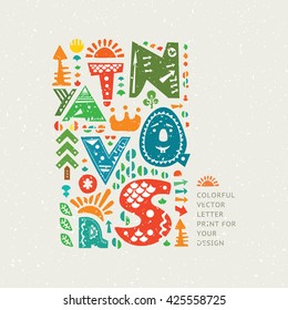 Vector colourful print on old paper background. Alphabet cute letters and other design elements in ethnic style