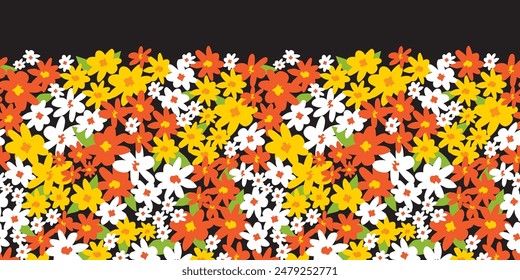 Vector colorido ramo disperso de flores de margarita divertidas multicolores patrón de borde Horizontal. Adecuado para tarjetas de felicitación y carteles.