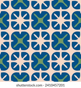 Vector colourful seamless geometric abstract pattern. Retro vintage 1960s - 1970s style. Floral background in blue, beige and green color. Groovy geo ornament. Simple texture with flowers, suns, grid