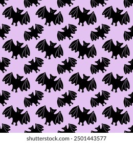 Vector colourful seamless pattern for Halloween black bat on a purple background. Flat stile hand drawn elements. Texture for decoration, wrapping paper, banner, scrapbooking, fabrics.