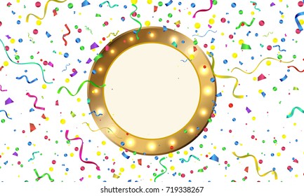 Vector colourful serpentine and confetti on white background with gold circle substrate for text. Celebration. Vector