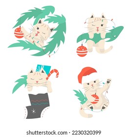 Vector colourful set of christmas  funny cats with gifts and lights isolated on white background. Can be used as stickers or greeting cards.
