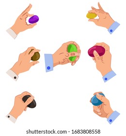 vector colourful set of hands holding multicolored easter eggs. Hand drawing illustration