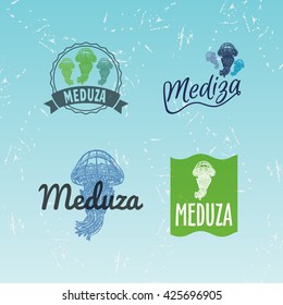 Vector colourful set with jellyfish. The jellyfish as main element of logotypes on blue background