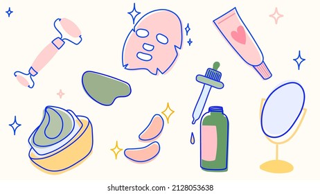 Vector colourful set of skin routine. Beauty routine. Cream, serum, gua sha, mirror, face mask, roller, eye patch. Isolated vector items. Beauty icons. For social media and print. Skincare products.