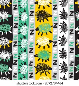Vector colourful sheep zzz counting stripes cute doodles seamless pattern. Suitable for textile, gift wrap and wallpaper.