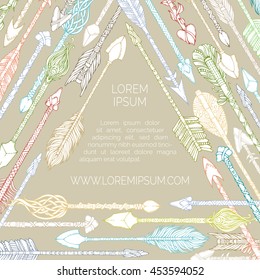 Vector colourful triangle tribal arrows frame. Sketch ethnic arrows on beige background. Boho and hippie hand-drawn style illustration.