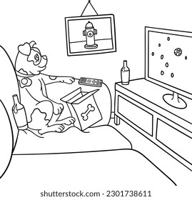 VECTOR COLOURING DESIGN OF BULLDOG WATCHING TV