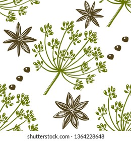 Vector colours background with hand drawn herbs and spices. Hand drawn ink illustration. Organic and fresh spices illustration