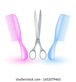 Vector colr hair brushes and stainless scissor isolated on a white background. Realistic vector illustration.